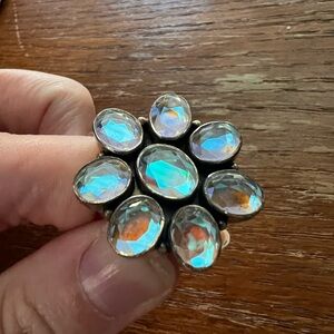 Sterling silver dichroic glass AB stone flower ring
